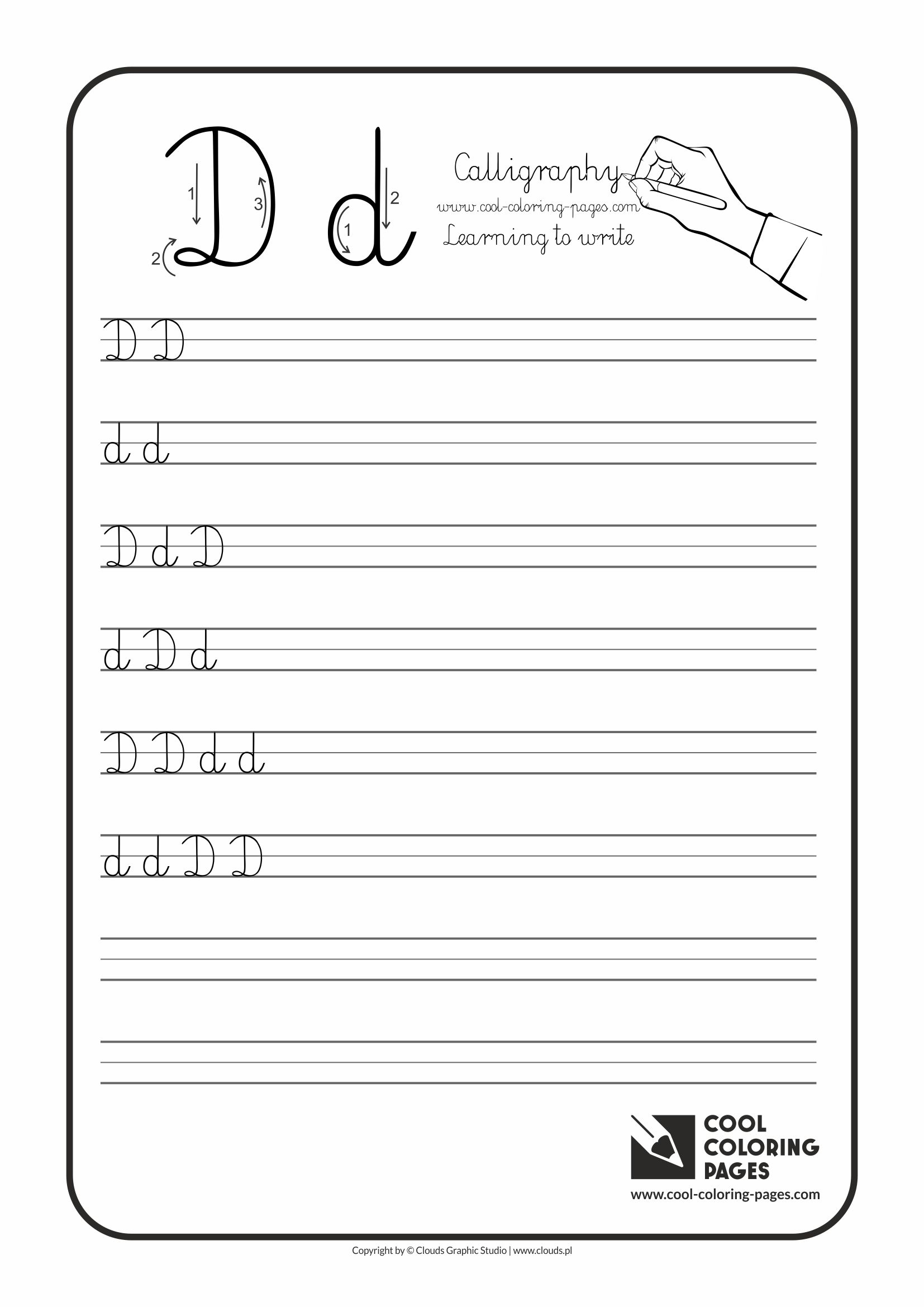 Cool Coloring Pages / Calligraphy / Letter D - Handwriting for kids / Worksheets