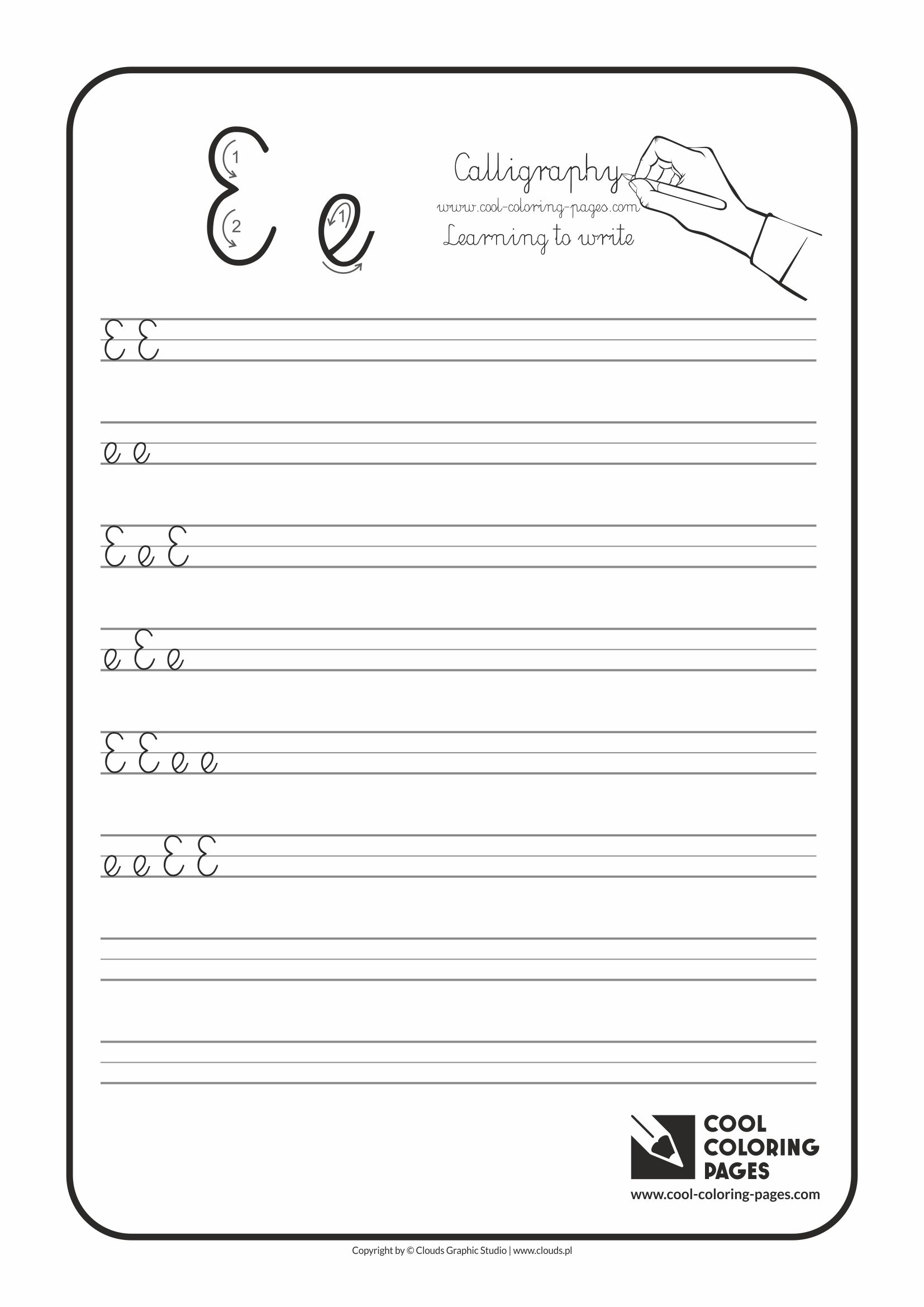 Cool Coloring Pages / Calligraphy / Letter E - Handwriting for kids / Worksheets