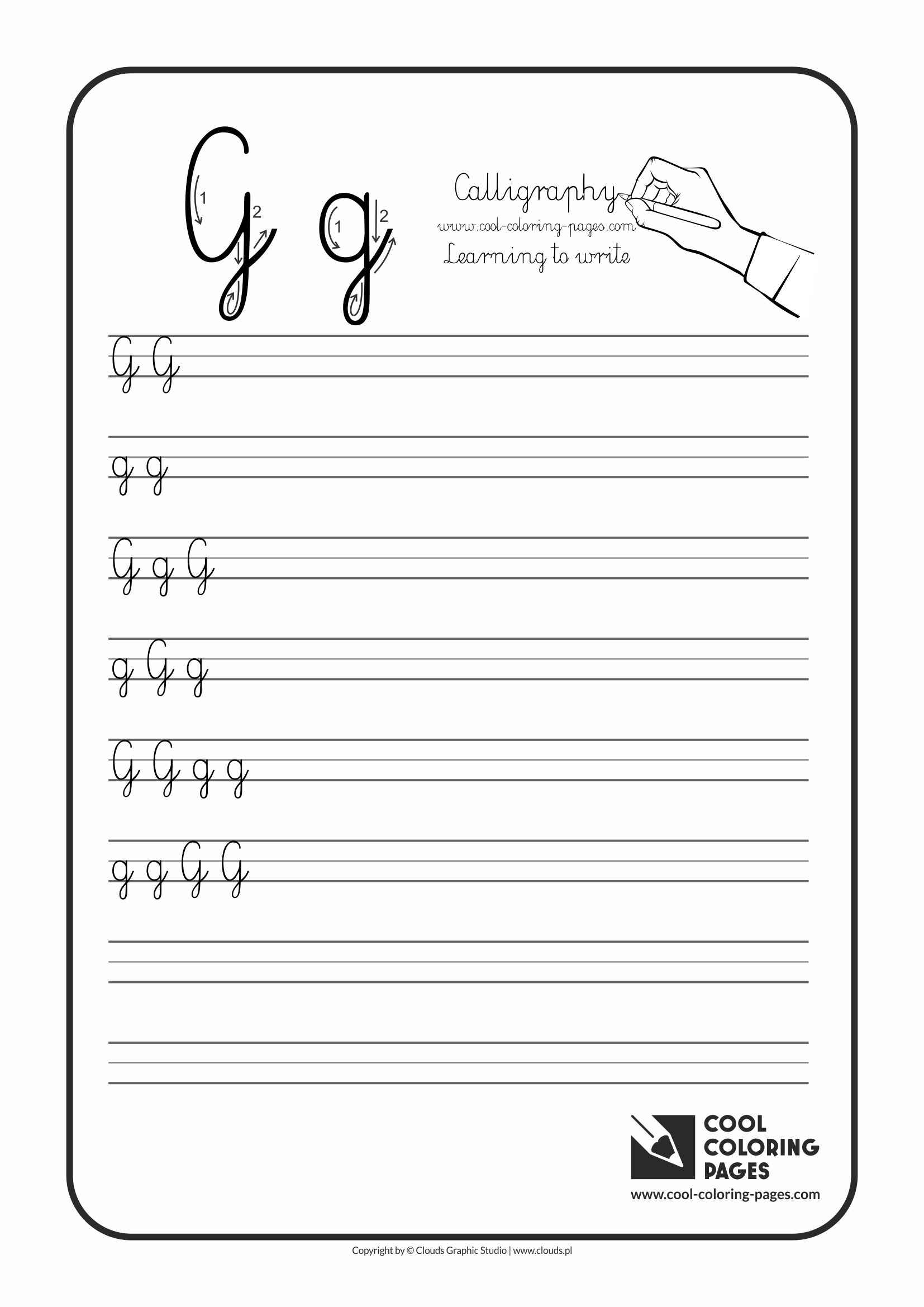 Cool Coloring Pages / Calligraphy / Letter G - Handwriting for kids / Worksheets