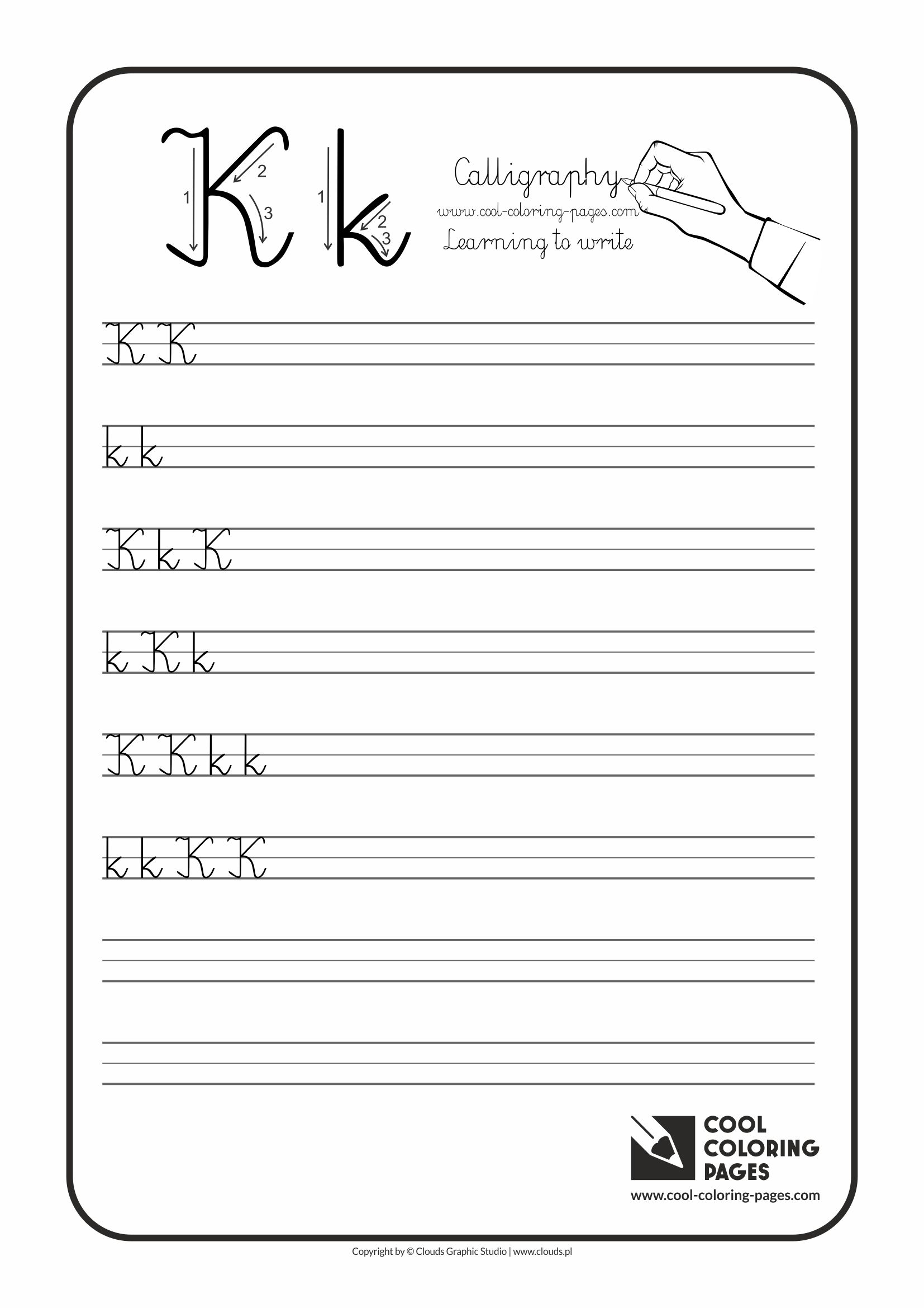 Cool Coloring Pages / Calligraphy / Letter K - Handwriting for kids / Worksheets