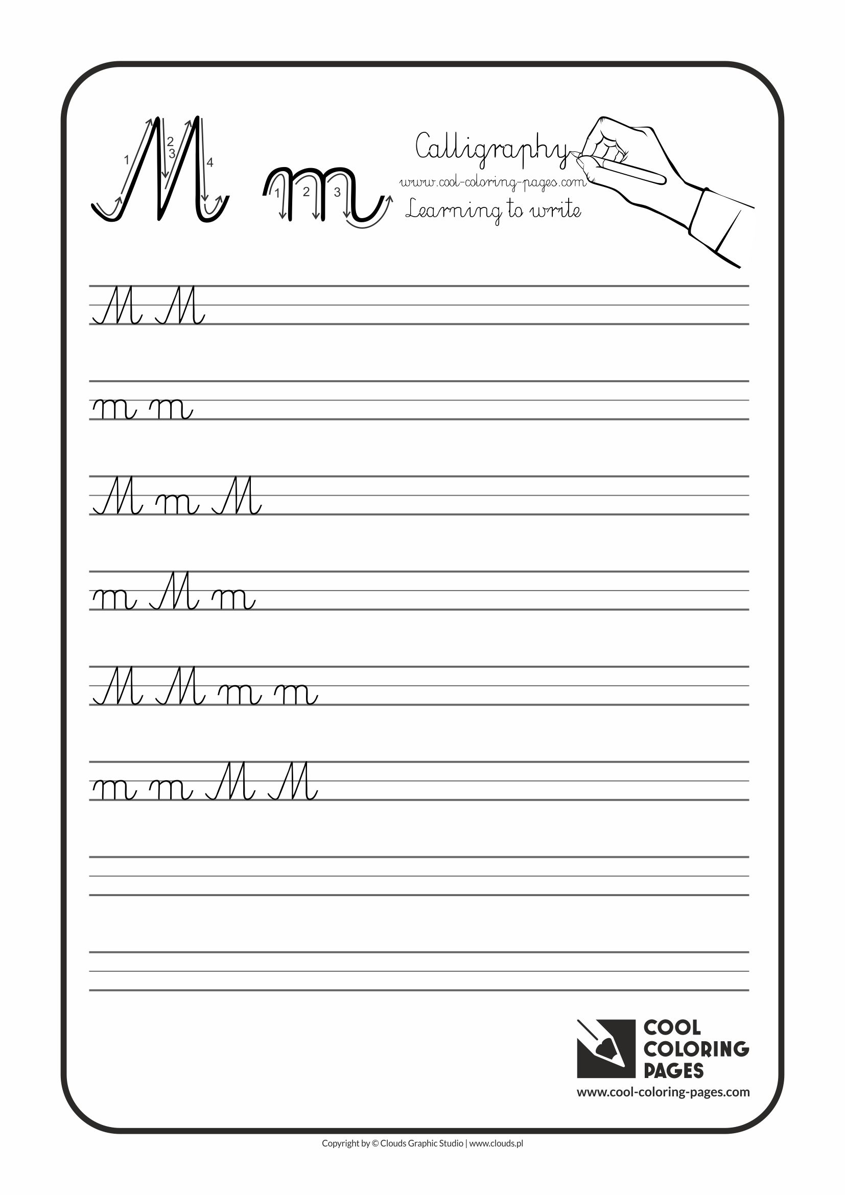 Cool Coloring Pages / Calligraphy / Letter M - Handwriting for kids / Worksheets