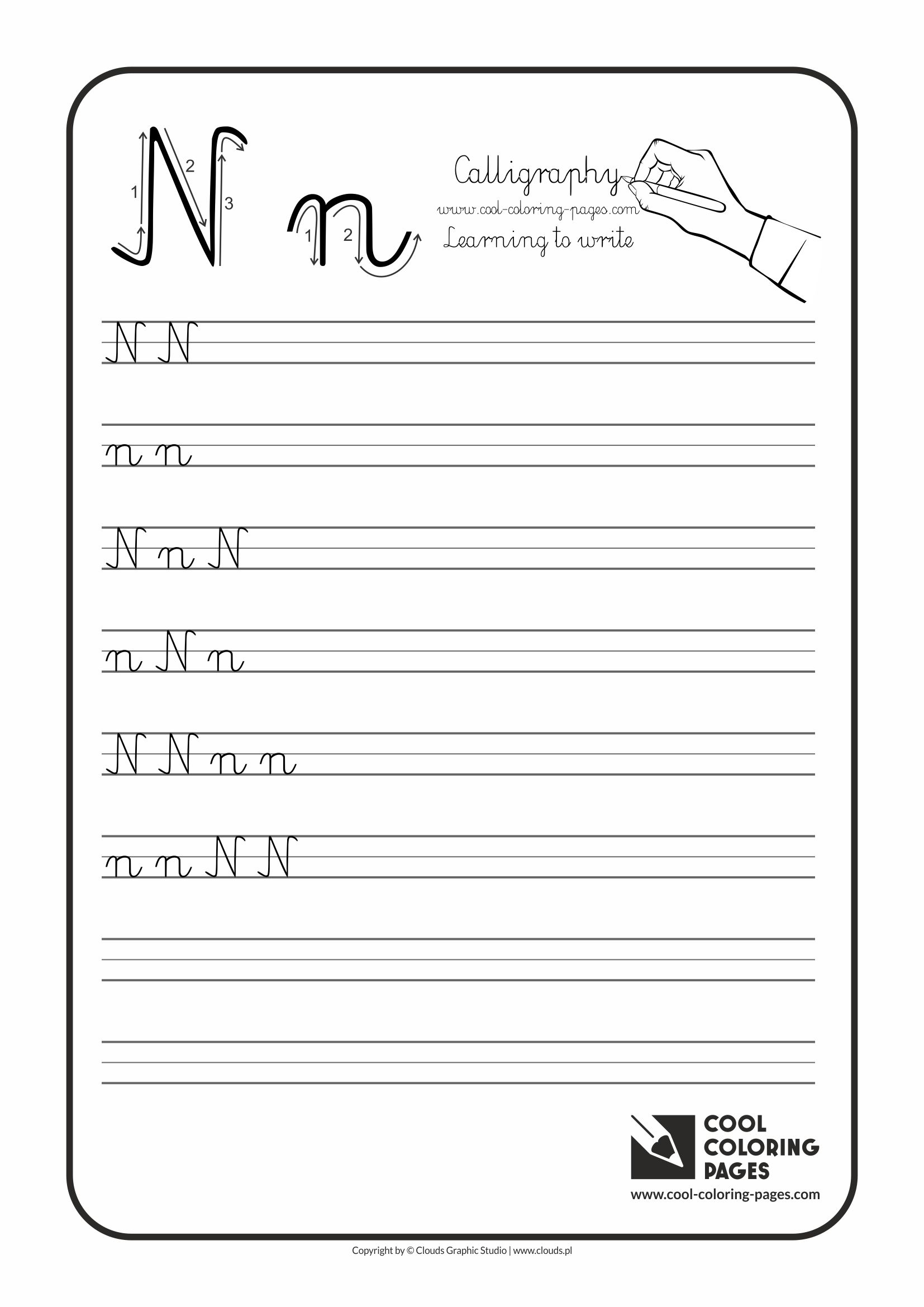 Cool Coloring Pages / Calligraphy / Letter N - Handwriting for kids / Worksheets