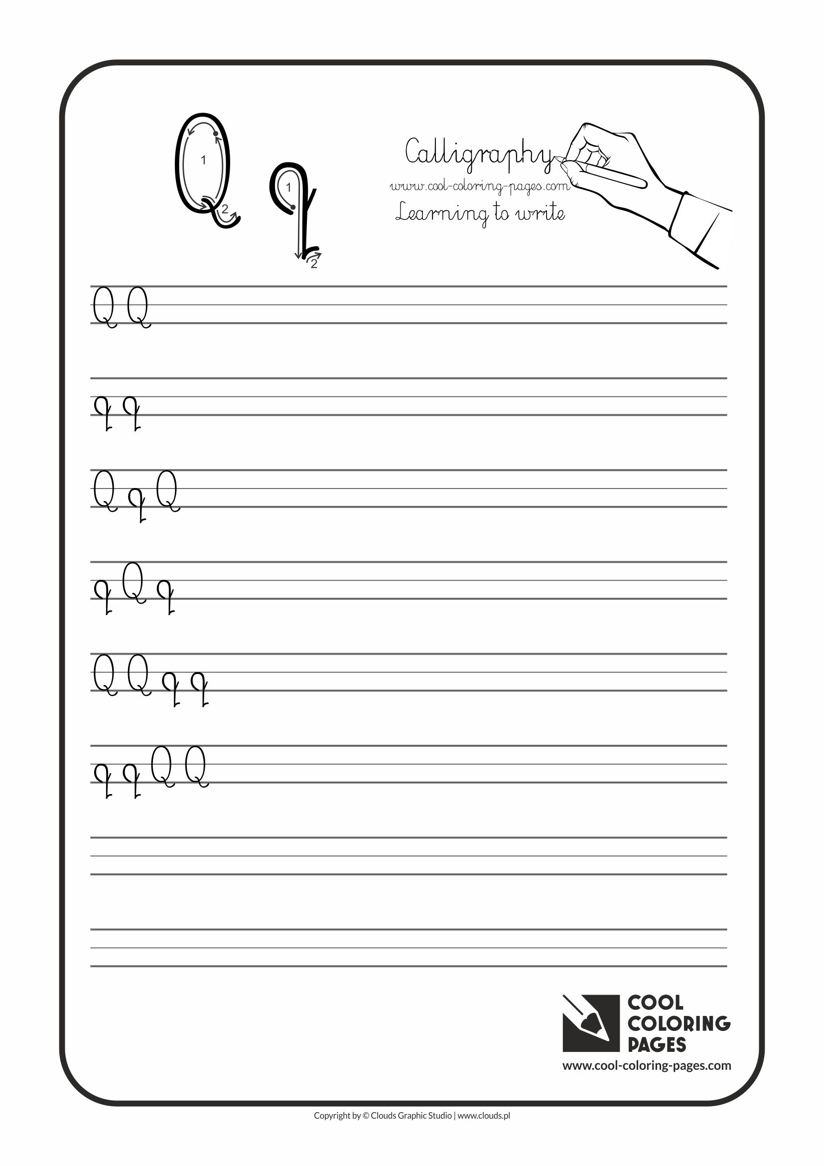 Cool Coloring Pages / Calligraphy / Letter Q - Handwriting for kids / Worksheets